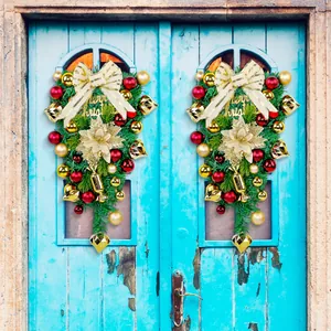 Festive Christmas teardrop wreath with red and gold ornaments for door decor