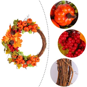 Autumn Thanksgiving wreath with pumpkins, berries and maple leaves for door decor