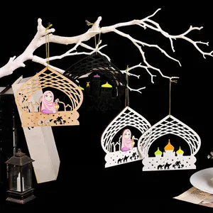 Wooden Ramadan Eid Hanging Ornament Mosque Castle Silhouette Cartoon Girl Camel Star Decorative Pendant For Home Car Muslim Festival Decor