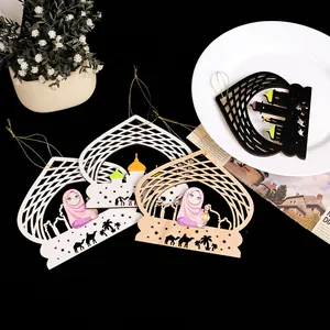 Wooden Islamic ornaments featuring mosque silhouettes and anime-style girl illustrations