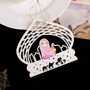 Wooden hanging ornament featuring a cartoon Muslim girl and mosque dome cutout