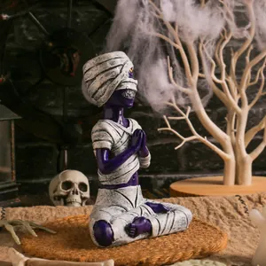 Halloween Creative Purple Mummy Meditating Figurine Resin Zen Skeleton Mummy Statue For Desk Decor Spooky Party Supplies