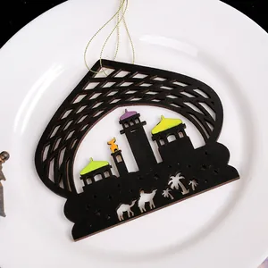 Intricate wooden mosque castle hanging ornament for festive Ramadan home decoration