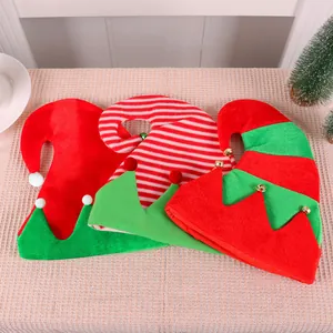 Christmas Elf Hat With Bells And Pom-Poms Striped Splicing Non-Woven Fabric Xmas Party Decoration Hat For Adults Kids