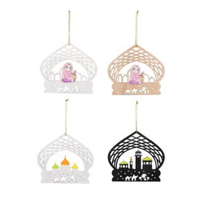 Decorative wooden Eid Mubarak hanging ornaments with mosque and girl designs for home decor