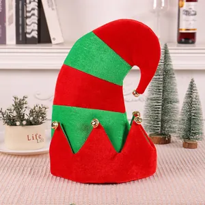 Festive red and green striped Christmas elf hat with small jingle bells decoration.