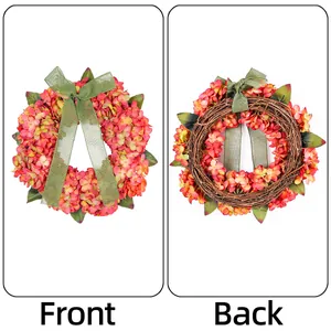 Ghirlanda di ortensie rosa autunnali con nastro verde, vista fronte e retro decorazione
