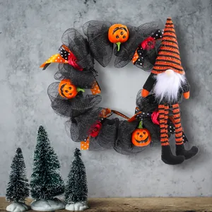 Halloween Gnome Wreath Decoration Faceless Old Man Plush Doll Hanging Ornaments with Orange Pumpkin Flowers Mesh Wreath for Front Door Party Home Wall Decor