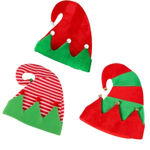 Festive Christmas elf hats with bells and stripes for holiday parties and decor.