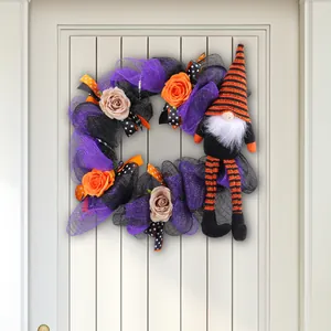 Handmade Halloween mesh wreath with long-legged gnome doll and roses for door decoration