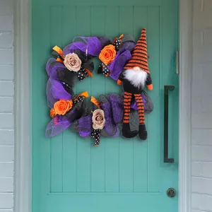 Halloween wreath featuring long-legged gnome, purple mesh, and roses for front door decor