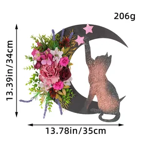 Cat crescent moon floral wreath wall decor for Halloween and cat lovers