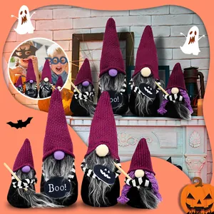 Détails de gnomes d'Halloween faits main avec bonnets violets tricotés et barbes grises