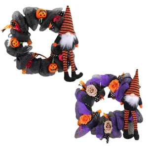 Halloween gnome wreath set with long-legged faceless old man and pumpkin decor