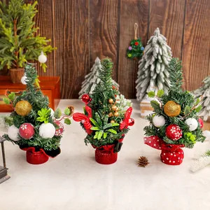Mini Christmas Tree Artificial Pine Desktop Decoration Festive Ornament With Red Berries Balls For Holiday Home Office