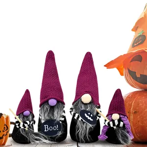 Poupée Gnome sans Visage d'Halloween Ornement en Peluche Bonnet en Tricot Violet Poupée sans Visage Avec Balai Magique Signe Boo Décoration de Table
