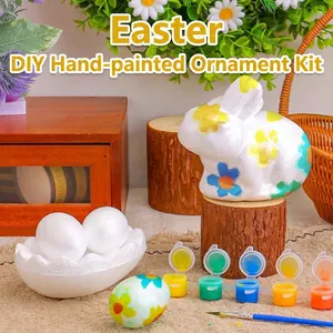 Set di Coniglietti Dipinti a Mano Fai da Te di Pasqua Kit Artigianale in Schiuma Bianca Con Vernice e Pennello Decorazione per Feste per Bambini