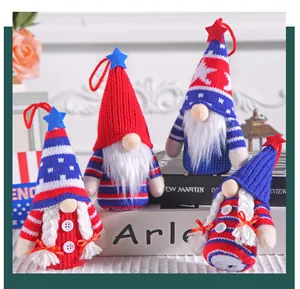 Detailed view of American Independence Day knitted gnomes with light-up star toppers