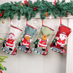 Christmas Stocking Burlap Plaid 3D Santa Snowman Reindeer Bear Character Hanging Ornament Holiday Fireplace Gift Candy Bag
