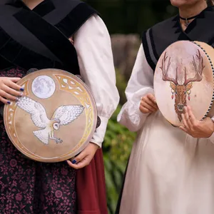 Handmade Shaman drum with unique owl and deer designs for ethnic folk music settings