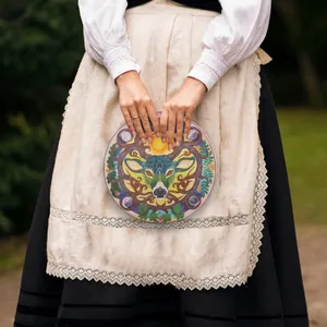 Handmade decorative Siberian shamanic drum featuring colorful deer spirit and natural motifs