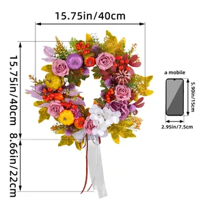 Herbstlicher Erntekranz mit Rosen und Kürbissen, 40 cm Durchmesser Türdekoration