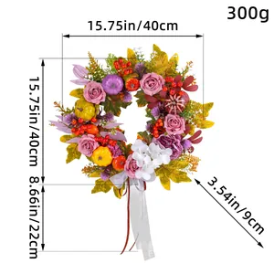 Handgefertigter 40 cm Herbstkranz mit Rosen und Kürbissen für die Haustür im Bauernhausstil
