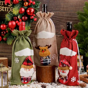 Set of 3 Christmas burlap wine bottle covers with Santa, reindeer and snowman designs