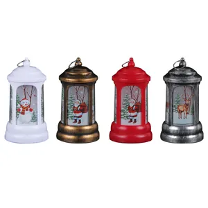 Set of four colorful Christmas lanterns featuring Santa Claus, snowman, and reindeer illustrations.