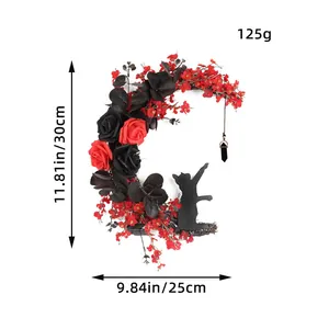 Gothic crescent moon cat wreath with black and red roses for Halloween decoration
