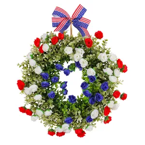 Patriotic Independence Day front door wreath with red white blue roses and flag bow