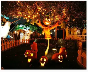 Vibrant Halloween outdoor scene featuring glowing jack-o-lanterns and festive scarecrow decor