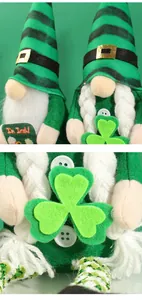 Vue macro détaillée d'un gnome de la Saint-Patrick avec un trèfle vert et des tresses blanches