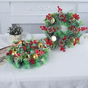 Artificial Christmas wreath candle holder with red berries and pine needles for table decor
