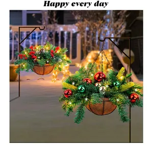 Artificial Christmas hanging basket with LED lights for outdoor holiday decoration