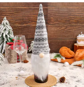 Knitted gnome wine bottle cover festive decoration for holiday Christmas table setting