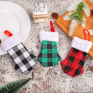 Set of 3 plaid Buffalo check Christmas stocking cutlery holders for holiday table decor