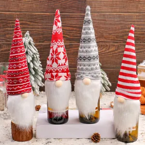 Festive knitted gnome wine bottle covers for Christmas table and party holiday decorations