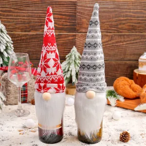 Knitted Christmas gnome wine bottle covers for festive holiday table decor
