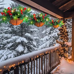Artificial Christmas hanging basket with LED lights for holiday balcony decoration