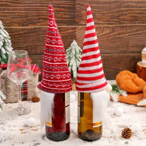 Christmas gnome wine bottle covers with red and white knitted hats and long white beards