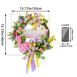 Ghirlanda di fiori primaverili con segno hello spring e nastri per decorazioni.