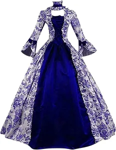 Victorian style blue velvet palace dress with long flared sleeves and floral prints