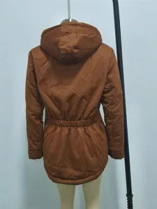 Detailed rear view of a brown hooded winter parka jacket with cinched waist design