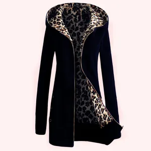 Fashionable women's navy hooded sweatshirt with leopard print lining and warm fleece