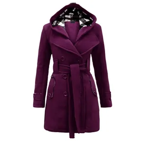 Elegant purple double-breasted hooded woolen coat with plaid lining and waist belt