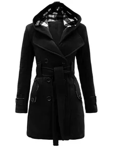Women's black hooded wool coat with plaid lining and double-breasted design
