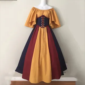 Middeleeuwse retro maxi-jurk met kleurblok-ontwerp en korset-taille accentuering