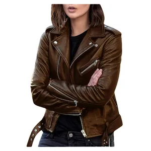 Plus size women's brown PU leather biker jacket with slim fit and metallic zippers.