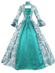 Elegant Victorian emerald green and white printed court dress with wide flared sleeves